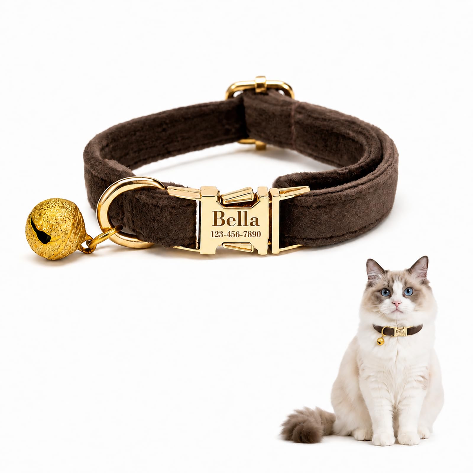 Custom Cat Collar with Bells Personalized Small Cat Collar Engraved Name &amp; Phone Number with Secure Metal Quick-Release Buckle Adjustable (Dark Brown)