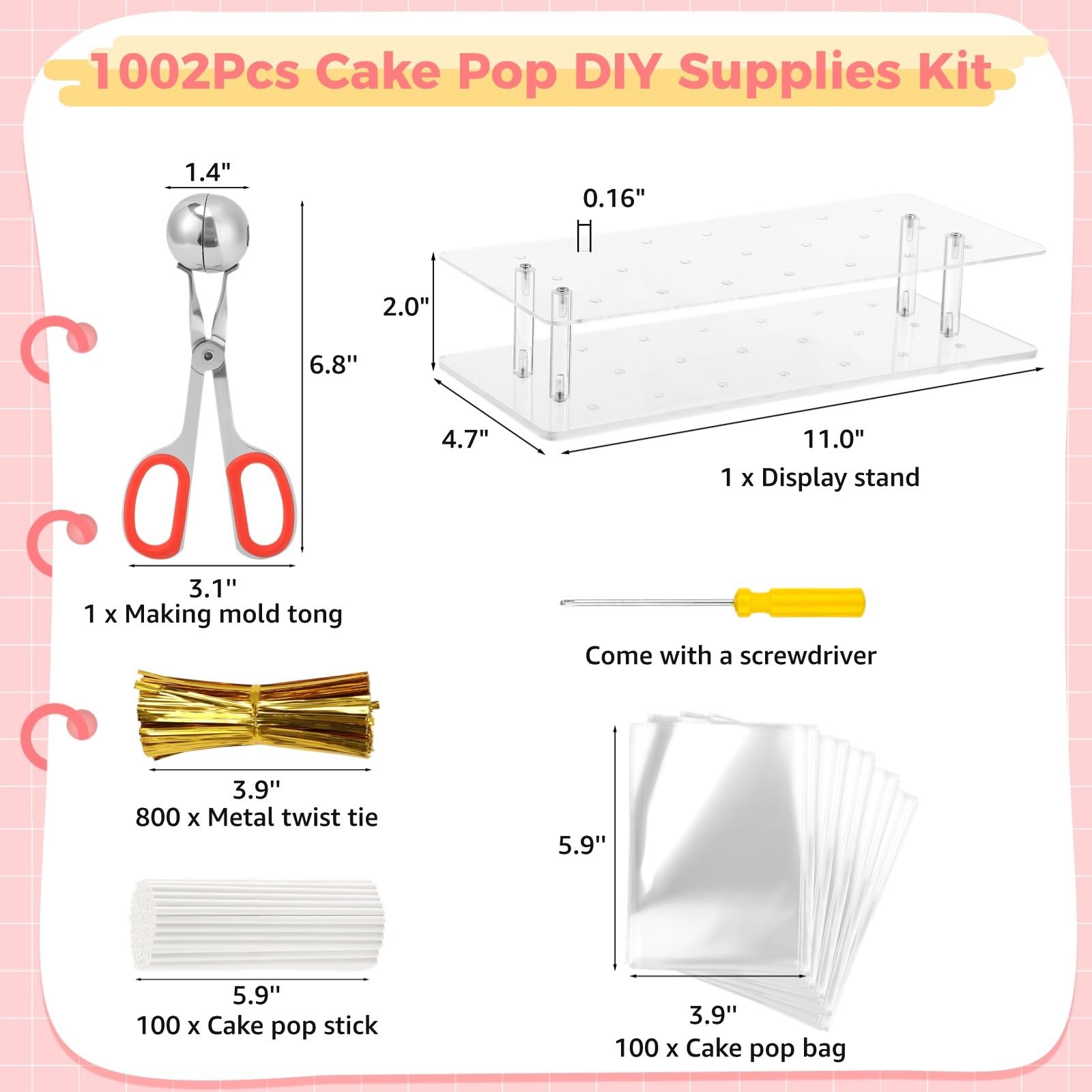 Generisch 1002-teiliges Cake Pop Stand- und Hüllen-Set, 21-Loch Acryl-Displayständer, Formzange, Beutel und Drehverschlüsse, Stiele, DIY-Zubehör für Lollipops, Bonbons, Schokolade