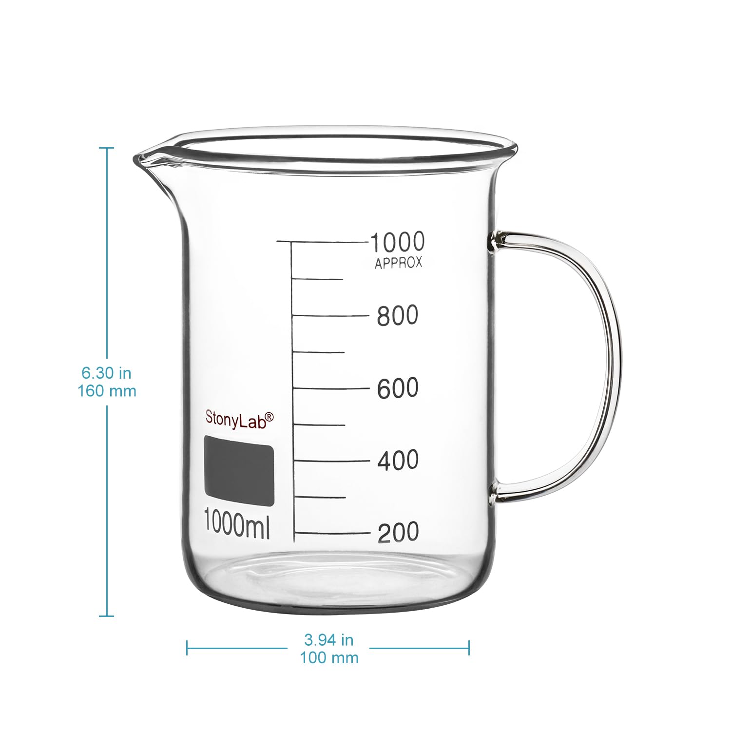 stonylab Bicchiere in Vetro con Manico, Bicchiere Graduato in Vetro Borosilicato Griffin a Forma Bassa con Manico e Beccuccio per Versare, 1000 ml