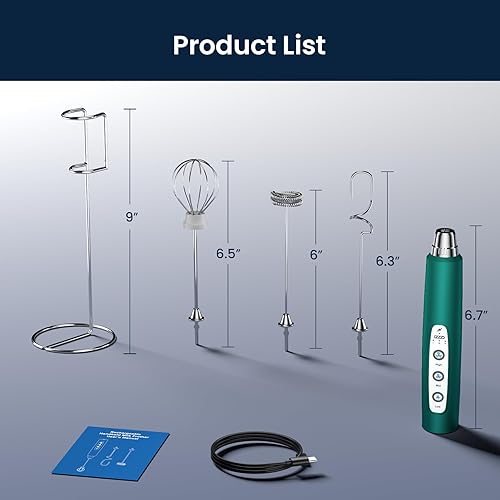 Miniatura 6 de Espumador de leche con soporte, espumador de café de mano recargable con 3 batidores de acero inoxidable de 3 velocidades ajustables, mezclador