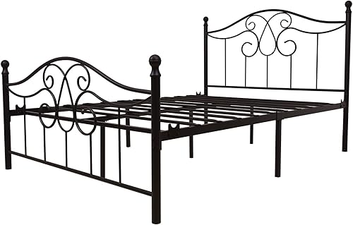Miniatura 5 de YALAXON Marco de cama de metal resistente vintage de tamaño matrimonial con cabecera y estribo, base de cama básica, no necesita somier (tamaño