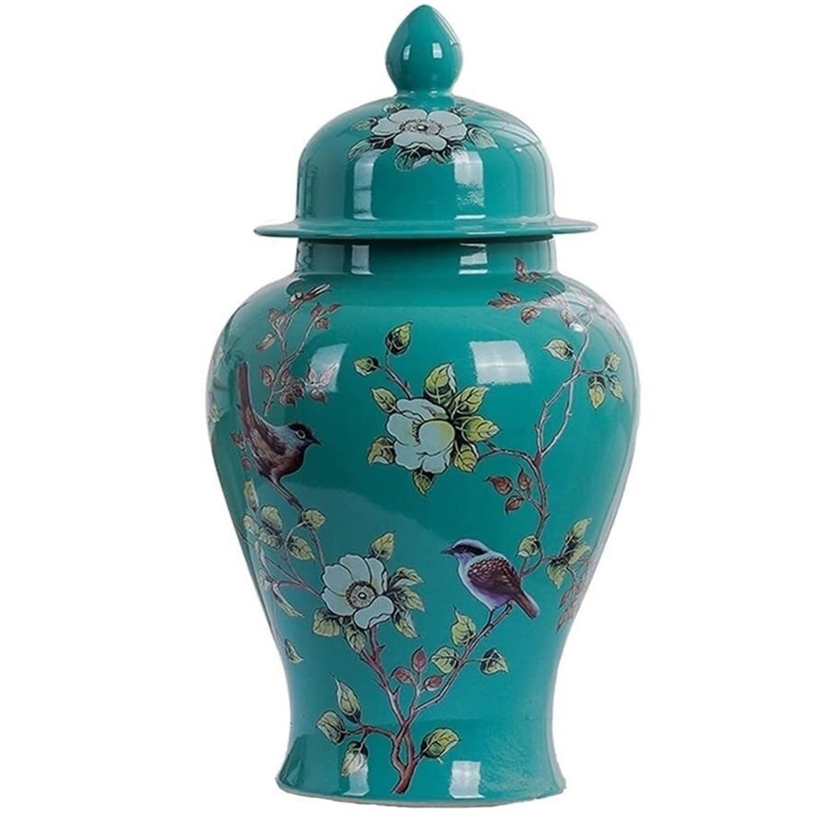 Jingdezhen żółty imbirowy słoik na słoik inspirowany naturą ceramiczny słoik na świątynię z motywem kwiatów i ptaków, dekoracja domu, akcent (duży zielony)