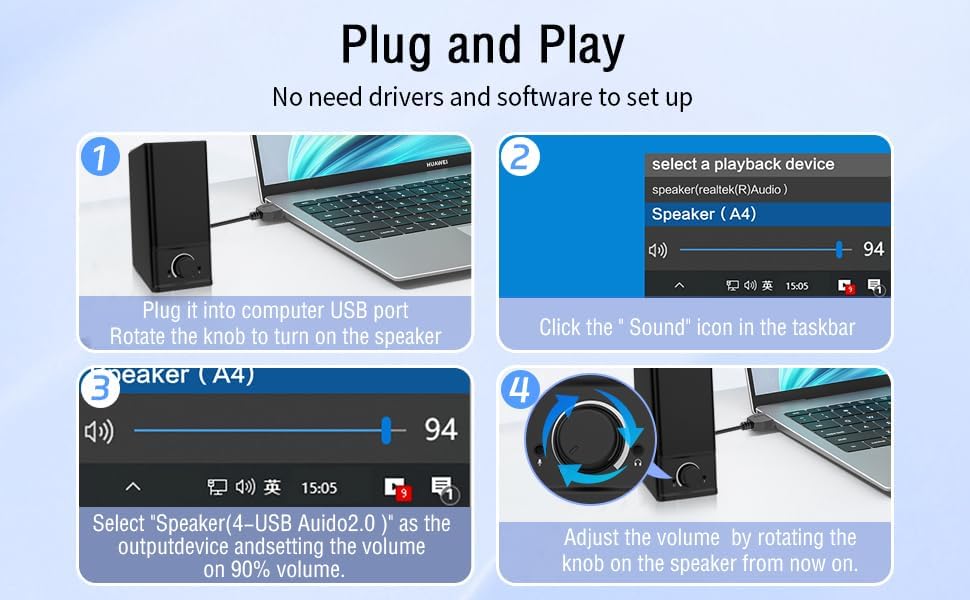 Diagram showing the plug and play setup steps for the LENRUE A38S speakers.