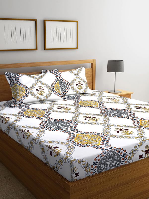 Premium 100% Cotton 220tc Flat Double Bed Bedsheets for Summer Breathable | Wrinklefree Long lsting (Size-90 x 90 Cm, 7ft x 7ft) with 2 Pillow Covers (Size-17 X 27 Inches, Light Grey White)