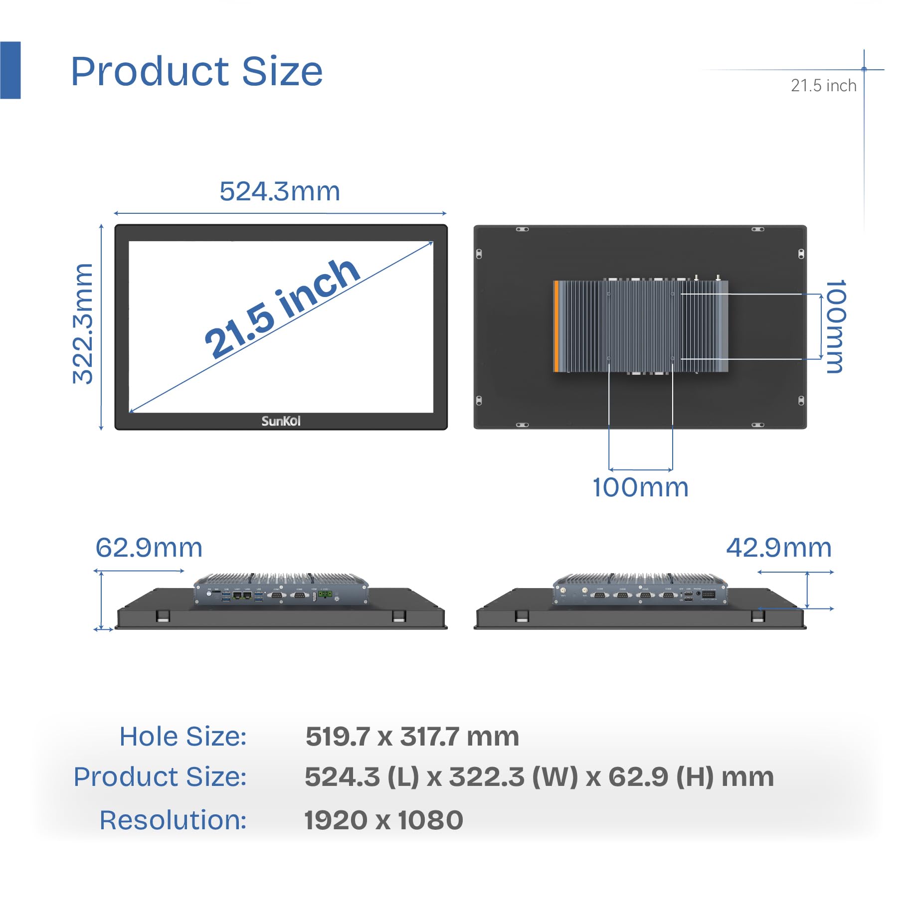21,5-calowy wąski panel przemysłowy PC, wbudowany ekran dotykowy bez wentylatora, I7-10710U, 8 GB DDR4 RAM, 512 GB SSD, IP65 z przodu, Windows 11 Pro, uchwyt VESA do magazynu, logistyki