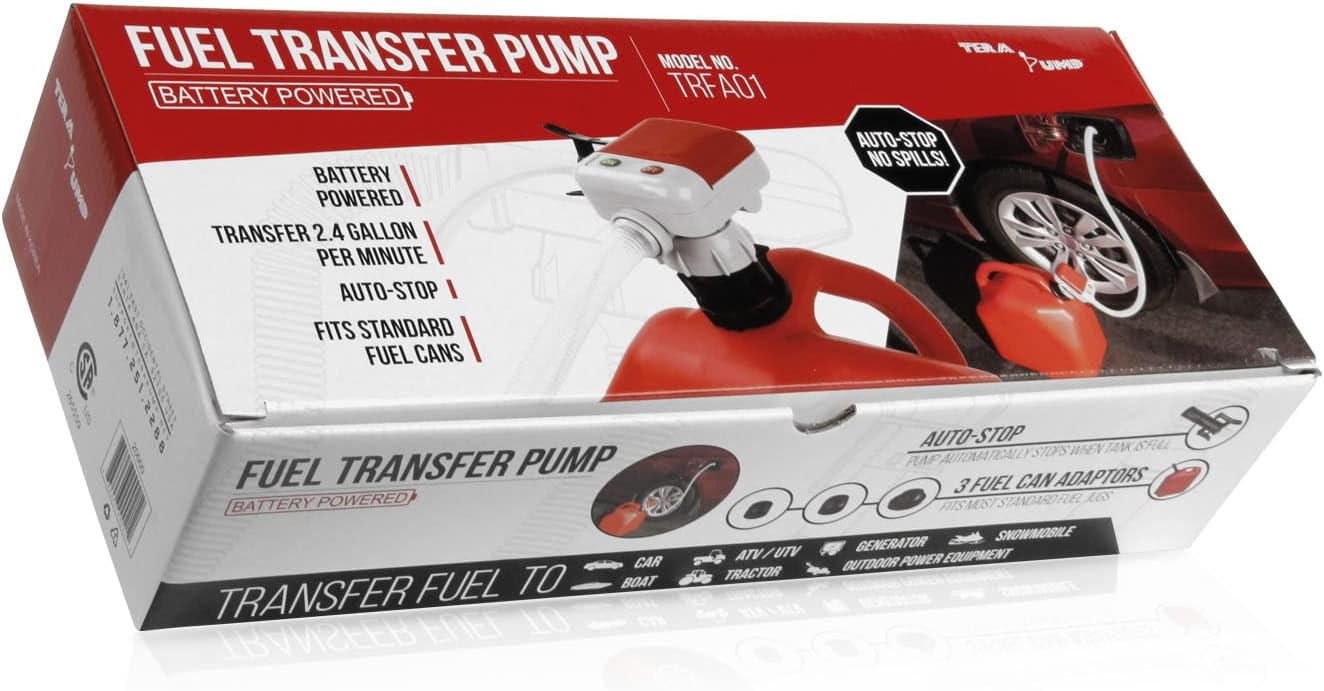 TERA PUMP Splash-Proof Gas Can Pump, 39 inch Discharge Hose, 2.9 GPM or 250 Gallons w/Four AA Batteries (Not Included), Battery Powered Transfer Siphon, Auto Stop Sensor for Overflow Protection