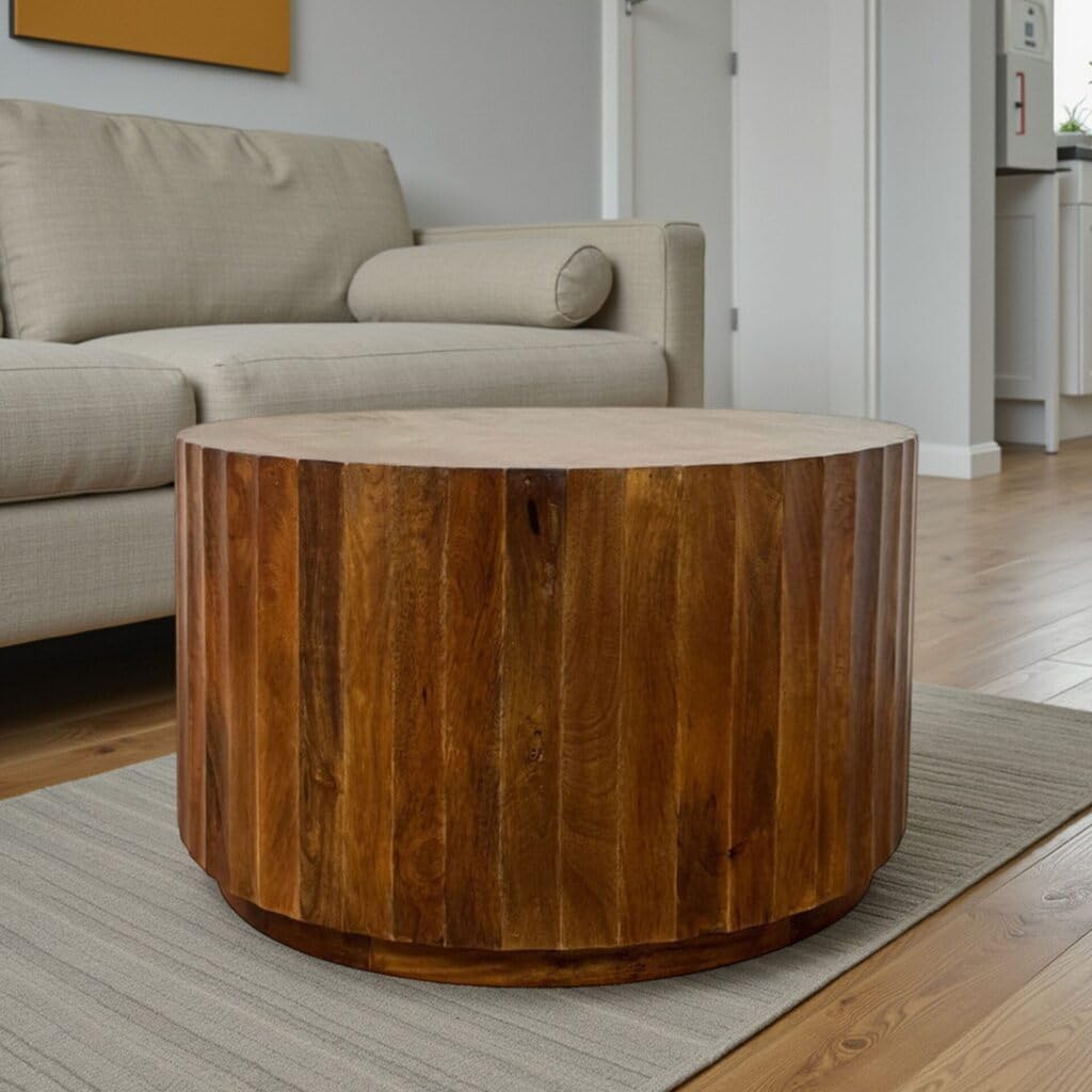 Carolina Chair & Table Harrison Groove Coffee Table with Integrated Drawers - Elegant Round Solid Wood Top Side Table - Modern Home Decor Accent Furniture for Bedroom, Living Room, Hallway (Chestnut)