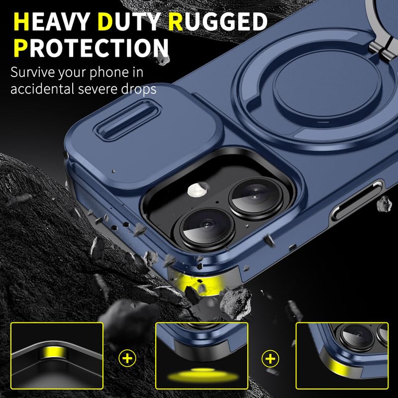 Image of LuxuryKase Shockproof Rugged Case for iPhone 17 | Slide Camera Cover | 360 Rotating Ring Kickstand | Military-Grade Protection - Navy Blue