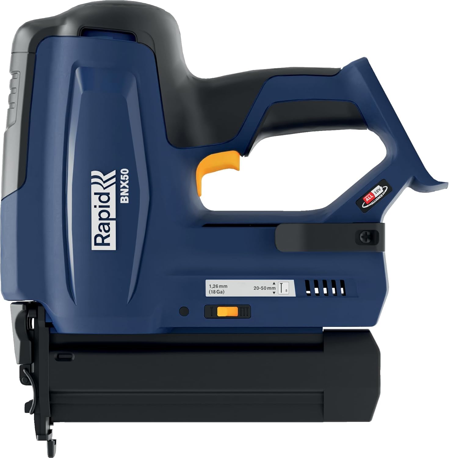 Rapid BNX50 Akku-Nagler 18V – Kabellose Nagelpistole für Nägel Typ 8 (20–50 mm) – Verstellbarer Einschlagtiefe und Bump-Fire – Ohne Akku und Ladegerät – Kompatibel mit POWER FOR ALL
