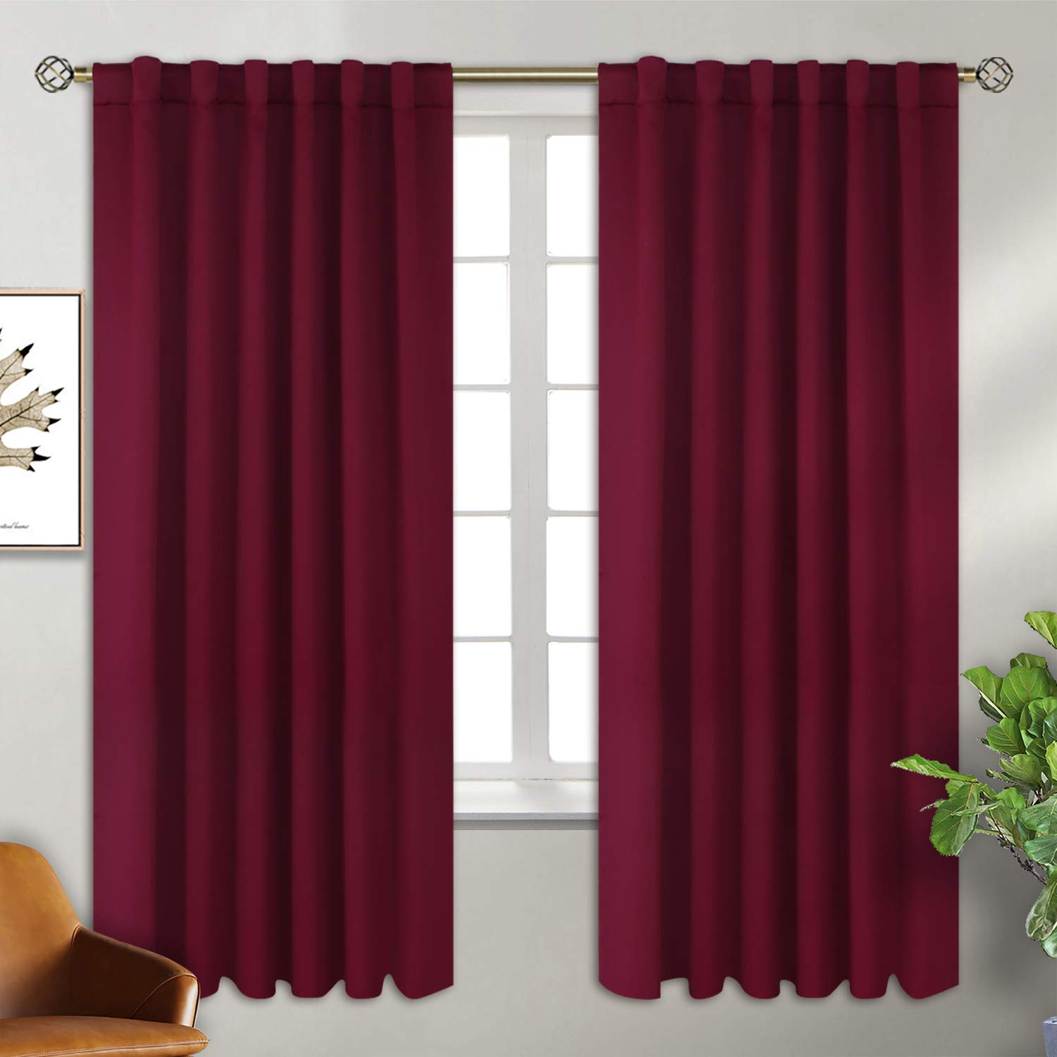 BGment Rod Pocket and Back Tab Blackout Curtains for Bedroom - Christmas Thermal Insulated Room Darkening Curtains for Living Room, 2 Window Curtain Panels (52 x 72 Inch, Burgundy Red)