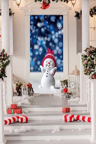 Miniatura 2 de Calcomanía de puerta de Navidad 3D, calcomanías de Navidad Snownman para puerta, mural de pared de puerta, papel tapiz extraíble para decoración de
