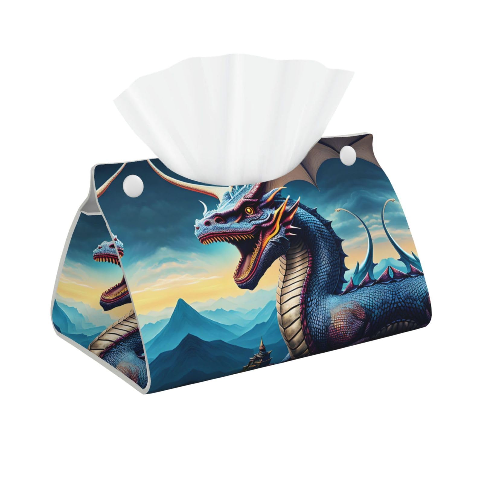 Roaring Dragon Print Long Tissue Box Cover Holder Foldable Leather Organizer for Vanity, Nightstand, Desk & Bathroom