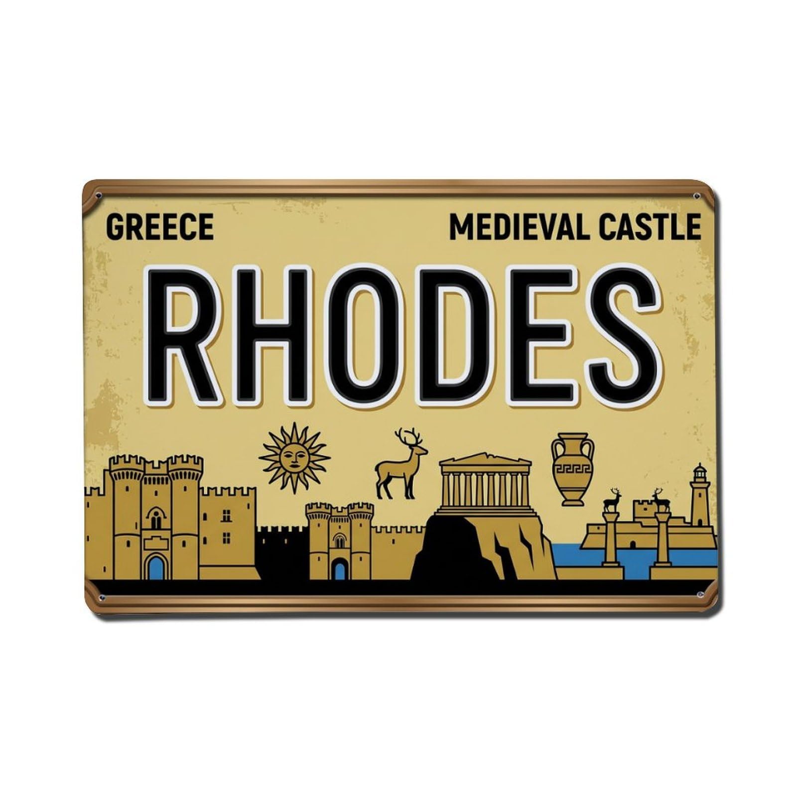 Cxhjca 8X12inch(20X30cm) Vintage Travel Rhodes Medieval Castle Sun Metal Tin Sign