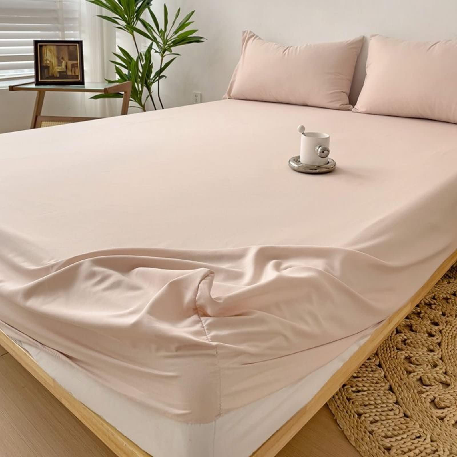 Epinki Bettlaken & 2er Kissenbezüge 200x220cm Set 3teilig Weich, Spannbetttücher Winter Einfarbig Khaki Matratzenschutz, Bambus Spannbettuch Laken