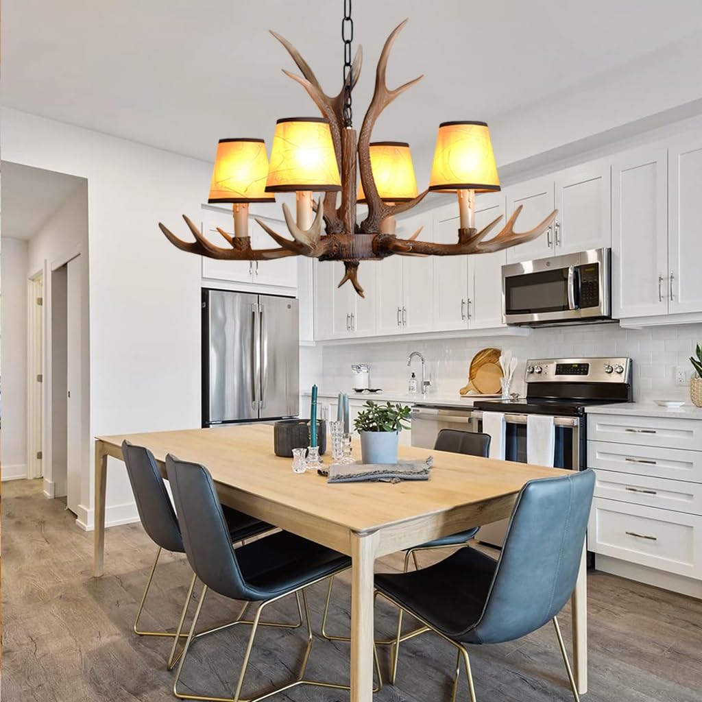 RuiRfh Pendant Light Vintage E14 Medieval Dining Table Lamp American Rural Chandelier Resin Antlers Pendant Lighting White Lampshade Hanging Lamp Retro Light Bar Living Room Cafe Dining Room Ceiling L