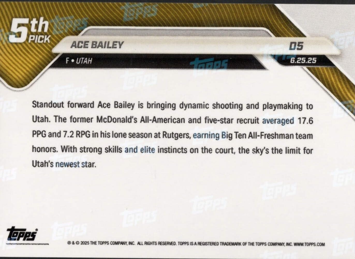 Amazon.com: 2025 Topps Now Ace Bailey #D5 Green Foil /99 Utah Jazz 