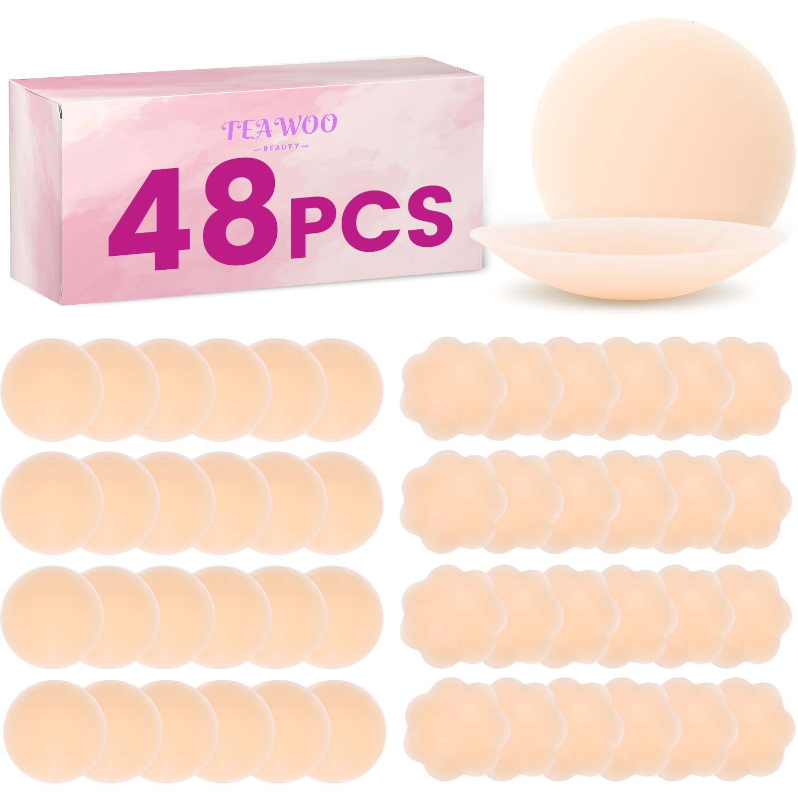 TEAWOO 48 PCS Nipple Covers for Women, Reusable Nipple Coverings, Nipple Pasties, Boob Pasties, Reusable Silicone Adhesive Invisible Pasty for Women