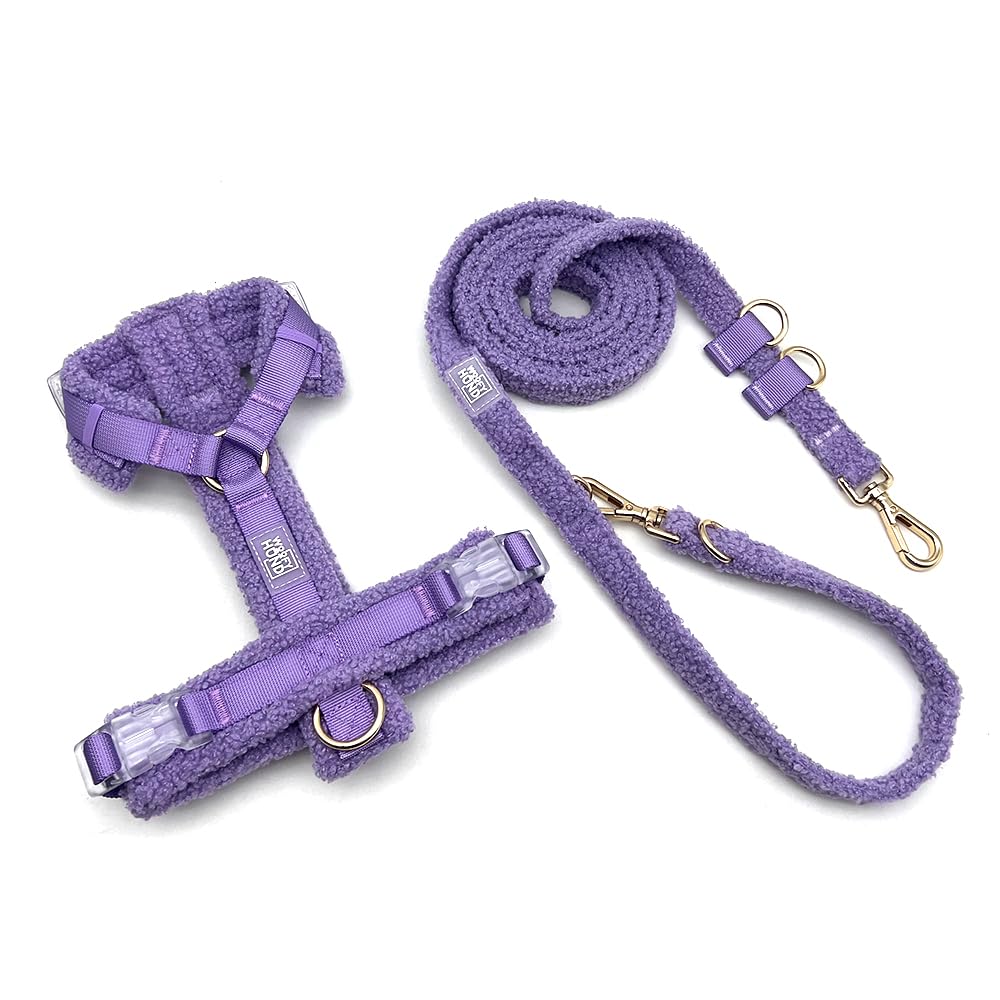 Hundegeschirr Set mit Hands-Free Leine – Gepolstertes Y Brustgeschirr für Hunde aus Teddy-Stoff, 4-Fach verstellbar, Anti-Zug Laufgeschirr zum Joggen & Spazieren für kleine & große Hunde (Lila, M)