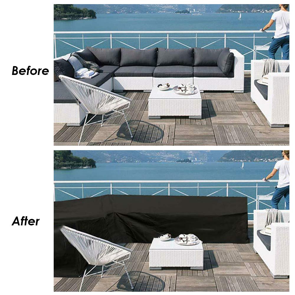 COOSOO Patio Sofa Cover Sectional Waterproof L Shape Corner Sofa Cover Outdoor Dust-Proof Anti-UV Furniture Couch Cover for Lawn Garden Yard Indoor with Windproof Buckle Extra Large Black