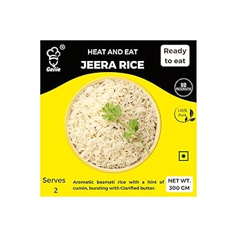 GENIE'S Ready To Eat Jeera Rice l (300GM) l Medium Spicy Special Delicious Natural Veg Instant Food Ready to Eat In Few Minutes | Slow Cooked Heat | Microwaveable| Quick meals | No Artificial Colour | No Preservative - image, photos