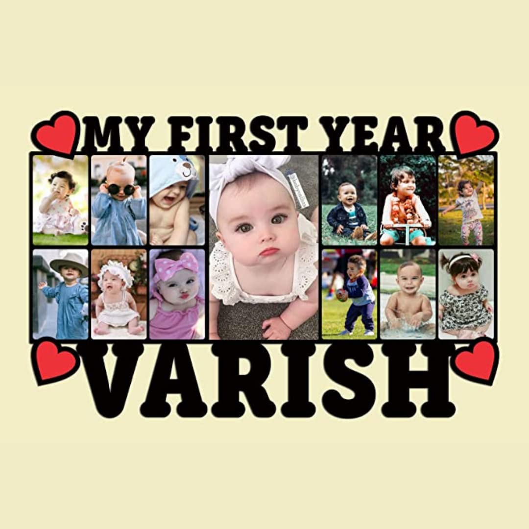 Apnagift12Months Baby Personalized Photo Frames for Home Decore & Birthday | 1 to 12month baby wooden photo frame with name | 1st Year Happy Birthday Customized Collage Photo Frame