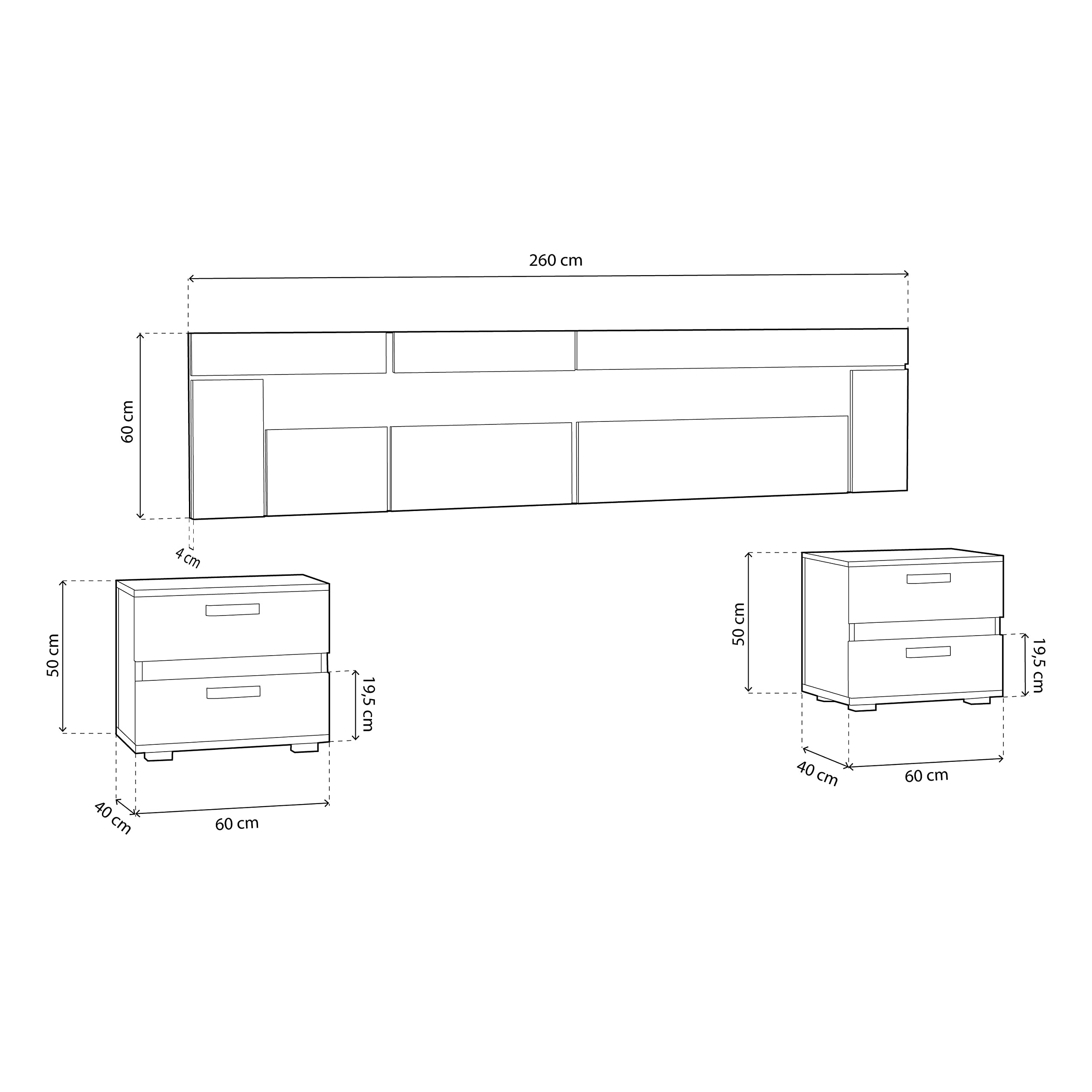 duehome | Pack Cabecero con Leds y 2 Mesitas de Noche, Dormitorio Doble, Dormitorio Completo, Modelo Ataneq Dark, Acabado en Ceniza y Negro