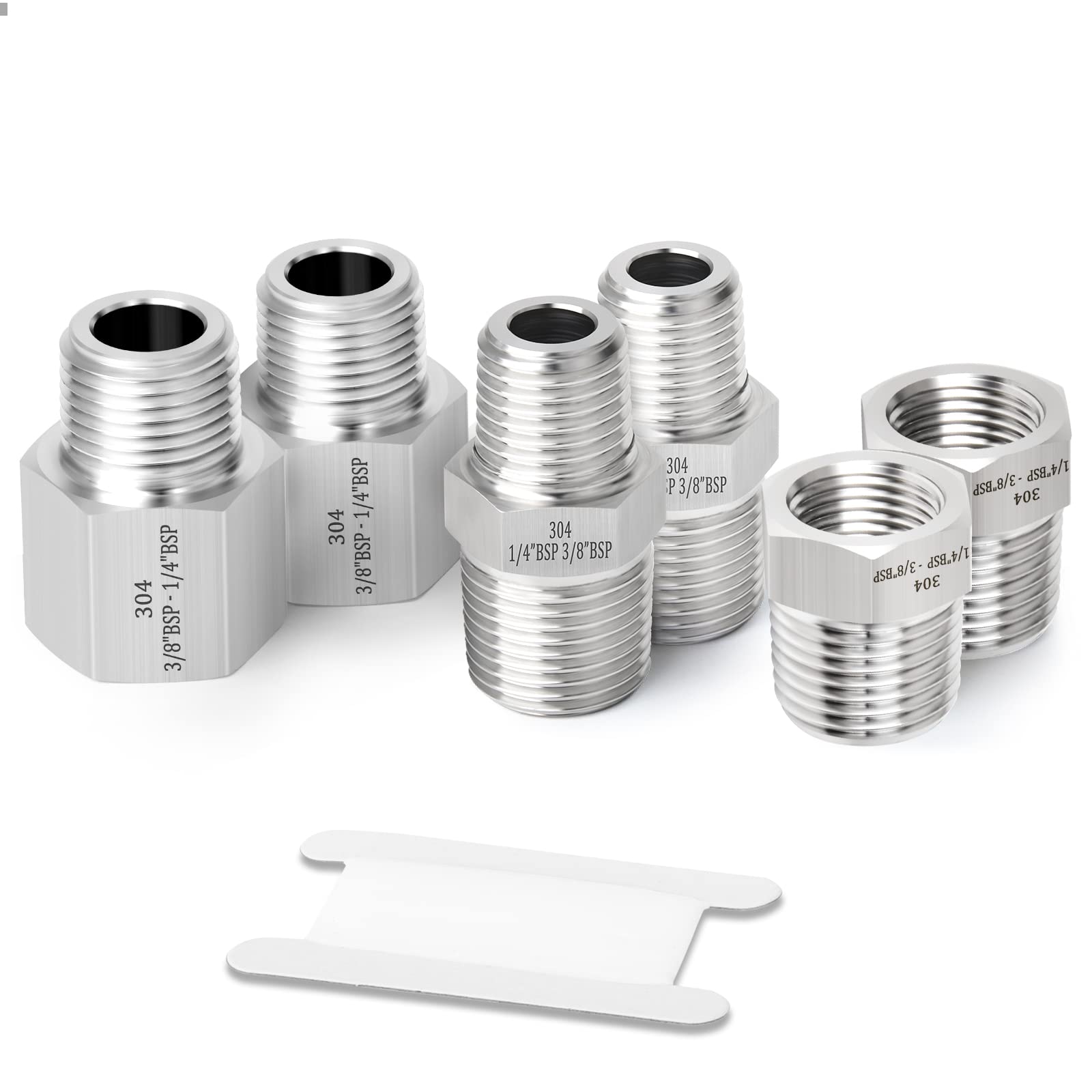 6 Pz Set Raccordi per Tubi da 3/8" a 1/4" BSP, Adattatore Riduttore in Acciaio Inox 304, Nipplo Esagonale e Boccola per Idraulica Industriale