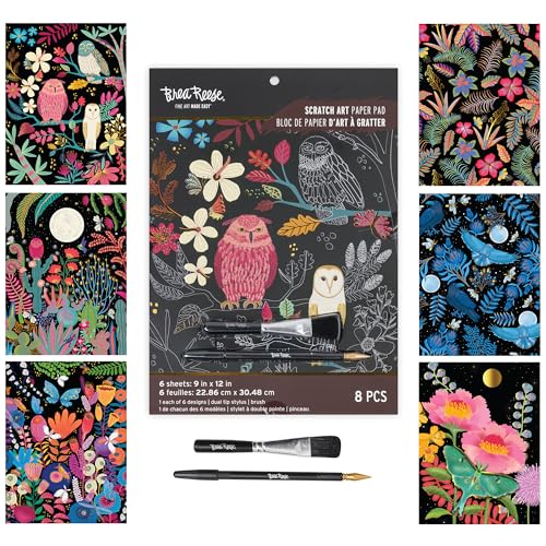 Brea Reese: Scratch Art Paper Pad - Owl & Moon - 6 Designs Metallic Guided Art Dual-Tip Stylus & Brush Easy-to-Frame 9x12 Pages Adult Craft Kit