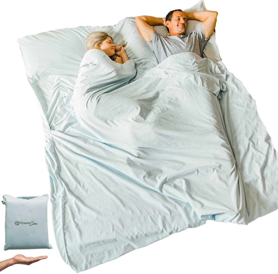 Blue Double Sleeping Bag Liner | Sleeping Bag Liners are Great Spring Break Essentials | Sleep Sack Adult | Travel Sleep Sack for Adults | Sleeping-Bag Liner for Adults | Travel Sheets For Hotels : Sports & Outdoors