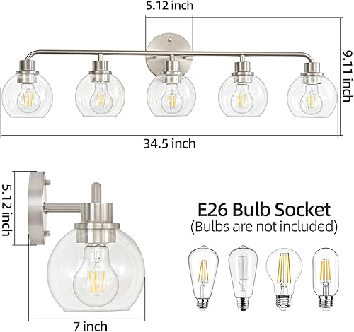 Miniatura 12 de Lámparas de baño doradas para tocador, 3 luces, apliques de pared, luces de latón cepillado con pantallas de vidrio transparente, lámpara de pared