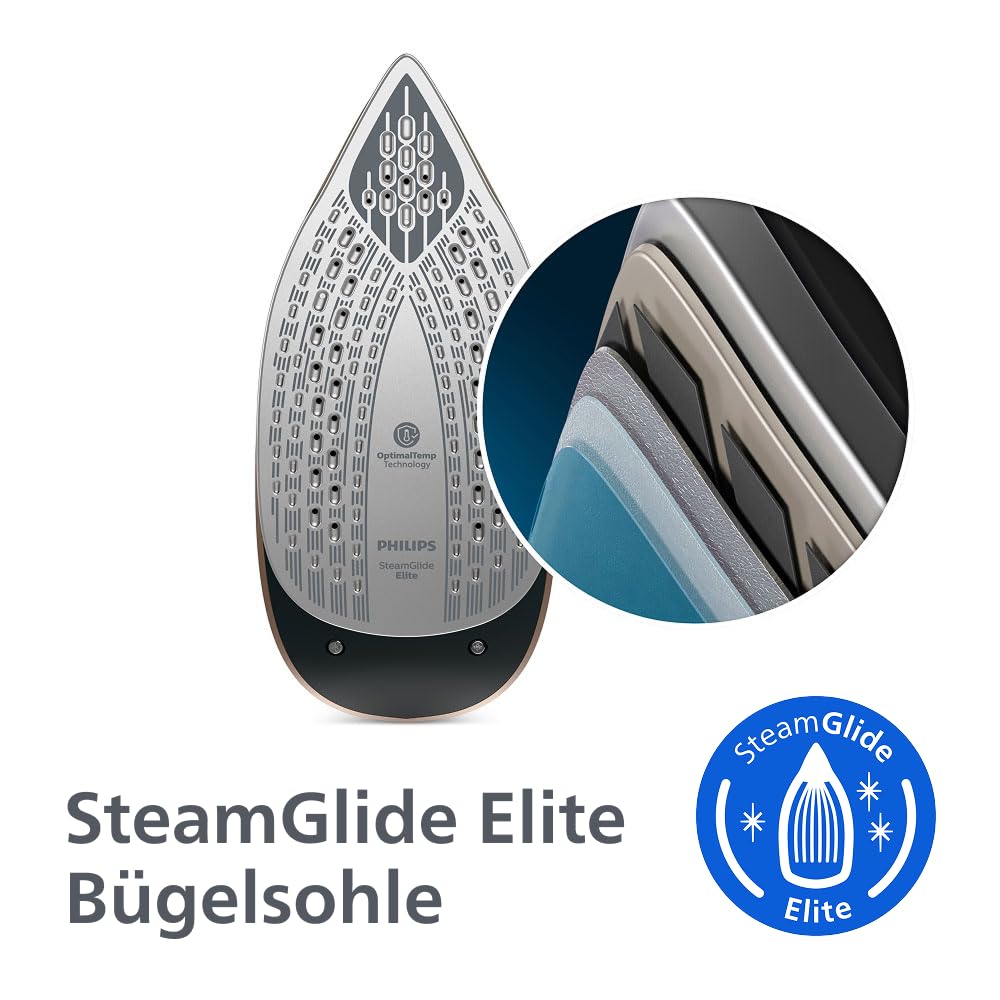 Philips PerfectCare 8000 Series Dampfbügelstation – 215g Dauerdampf, 750g Dampfstoss, Einfaches Tragen, OptimalTEMP, SteamGlide Elite, 1,4L, Easy De-Calc, Garantiert keine Brandflecken (PSG8300/80)