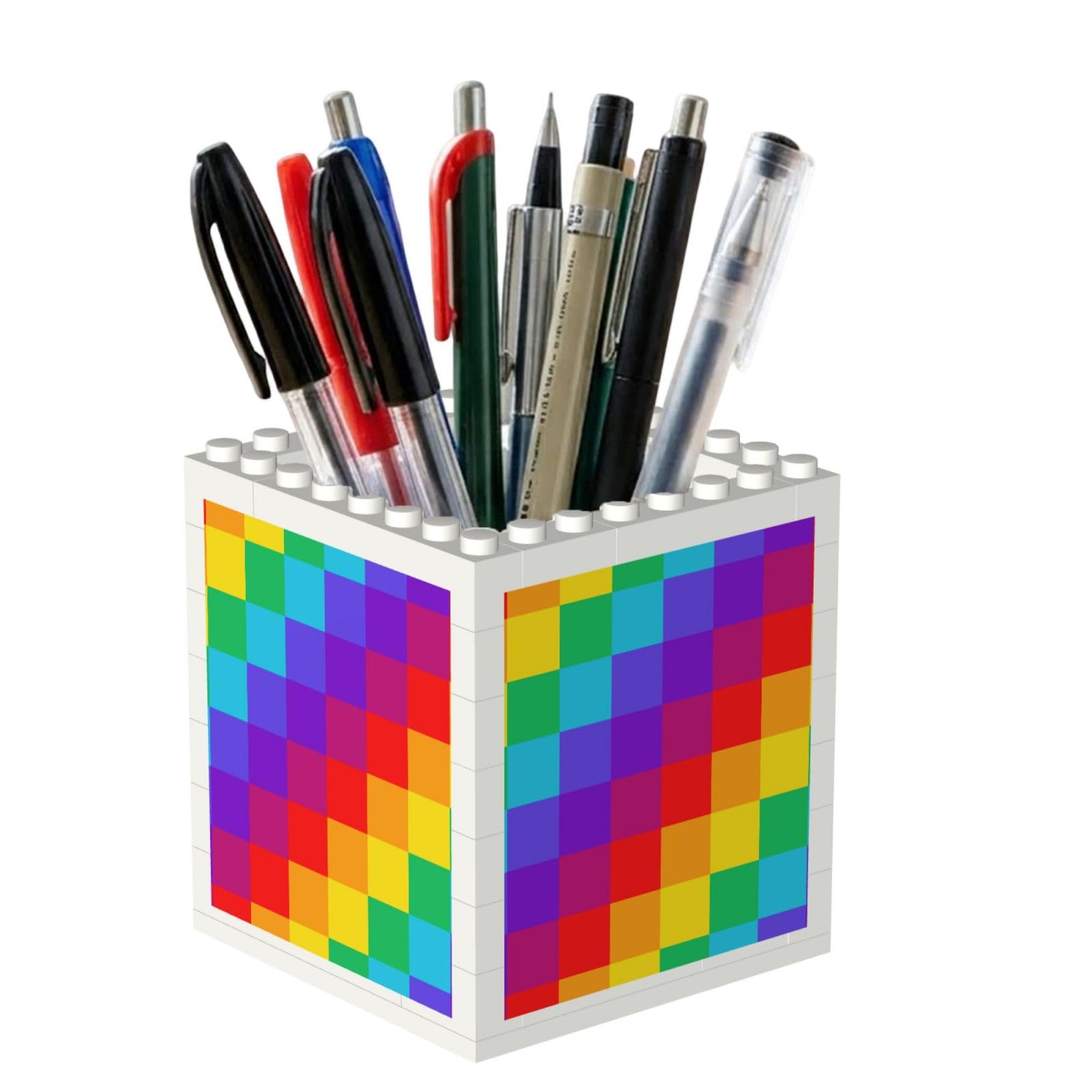 Poadnly Rainbow Plaid Pattern, Pen Pot Pencil Holder for Office Home School, Compact Desk Organiser for Office Stationery