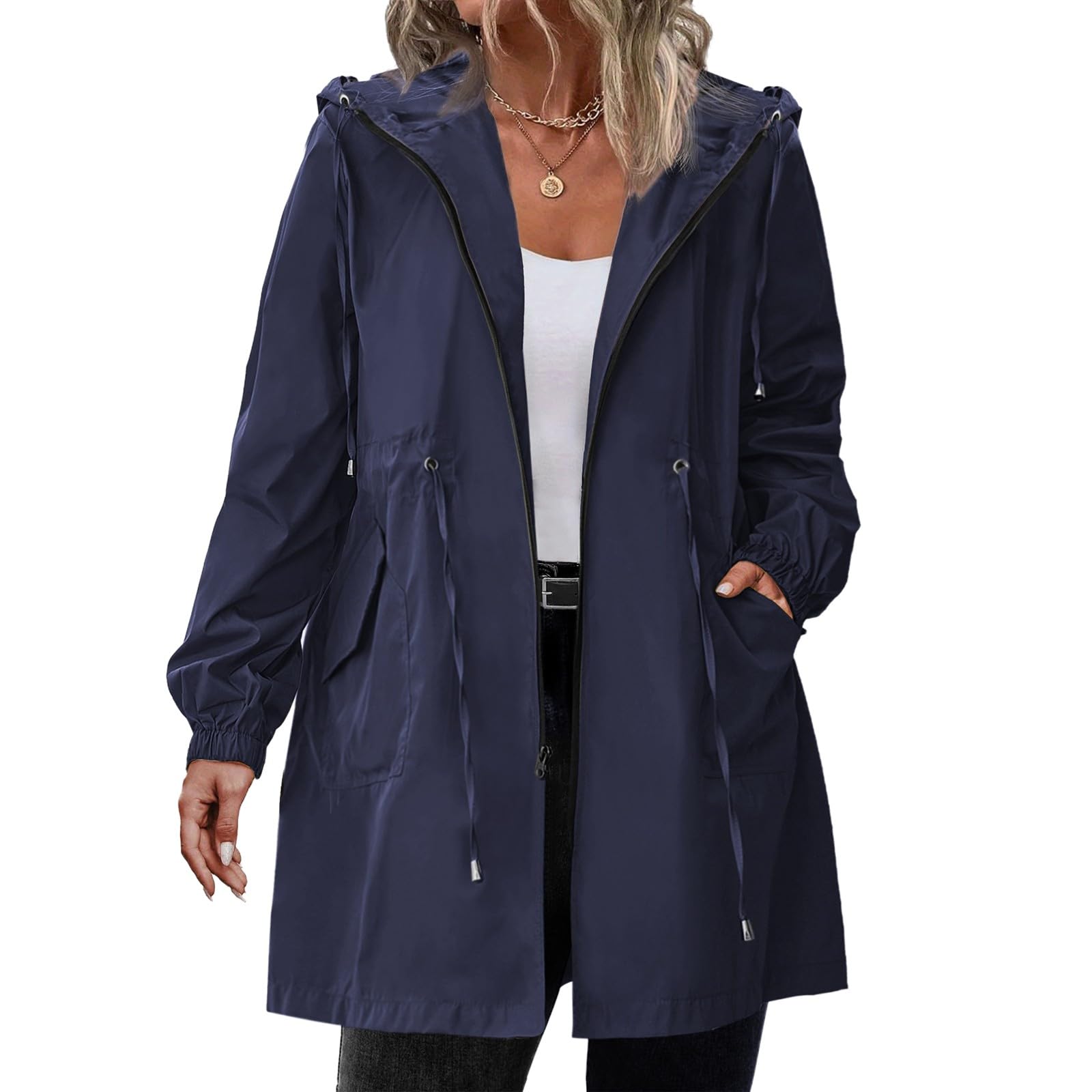 Chaqueta de exterior para mujer, impermeable, transpirable, gabardina, larga, con capucha, lluvia: sección ligera y fina, chaqueta de lluvia con cremallera, cortavientos, chaqueta de entretiempo con