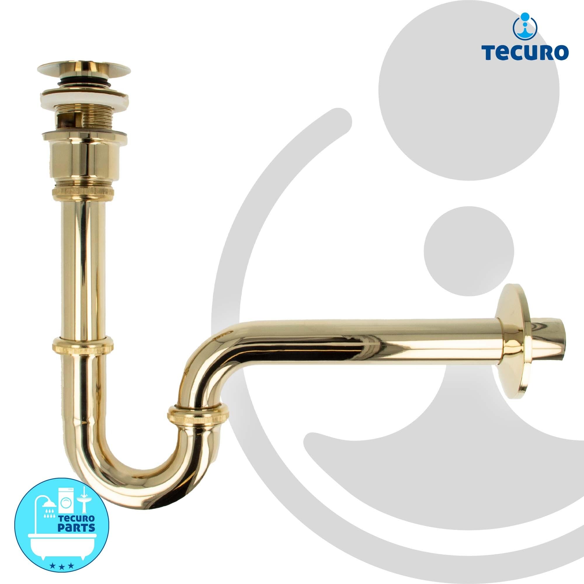 tecuro Siphon extra lang mit Pop Up Ablaufventil vergoldet - Universal Set für Waschtisch/Waschbecken
