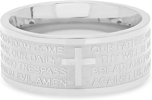 Steeltime - Anillo clásico de acero inoxidable para oración de señores en inglés o español, nuestro padre - Padre Nuestro