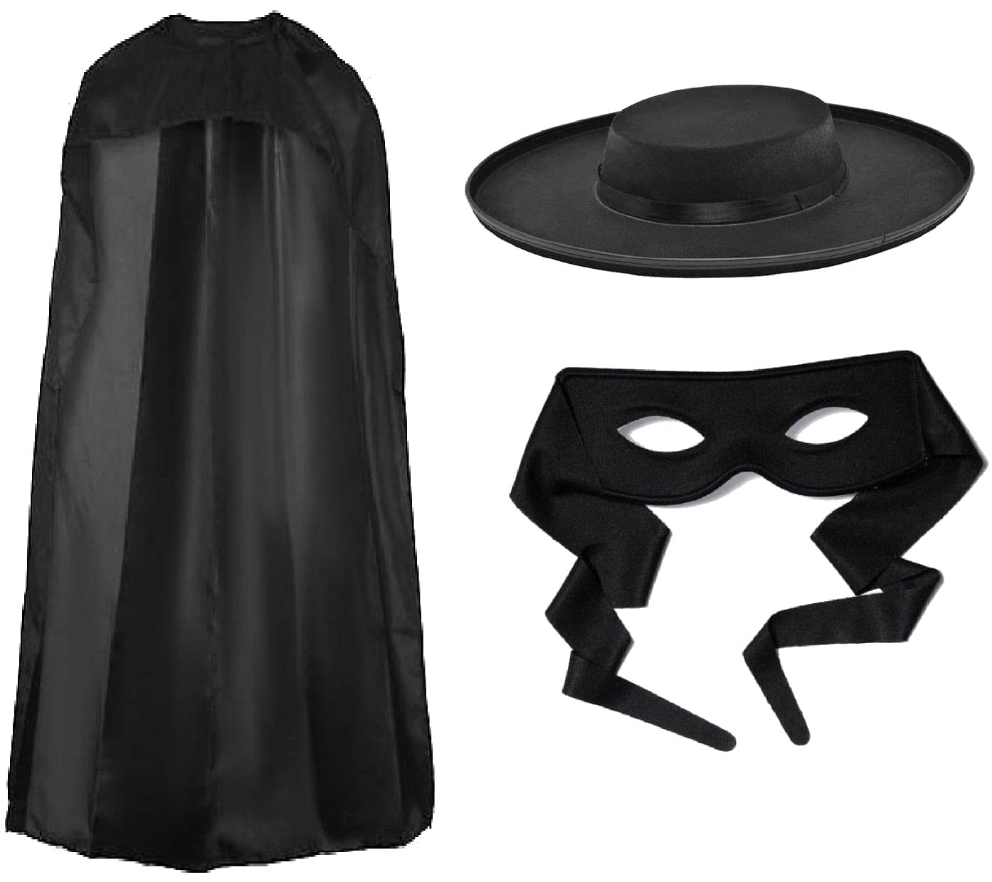 Mega_Jumble Adults Unisex Black Bandit Zorro Felt Hat, Cape & Eye Mask Fancy Dress Costume Set | Zorro Hero Villain Spanish Assassin Party Fun Book Week Hen/Stag Night Theme Parties Cosplay Outfits