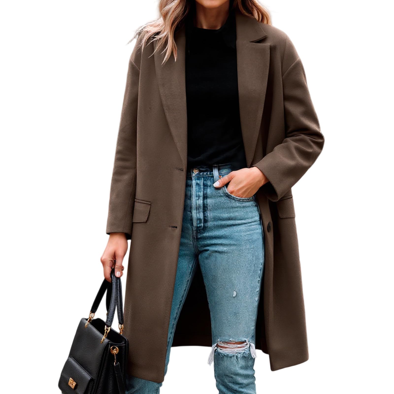 Ansenesna Wollmantel Damen Winter Lang Winterjacke Warm Wolle Wintermantel Elegant Oversize Mantel Frauen Übergangsjacke Ohne Kapuze Damen-Mäntel Mit Knöpfen Übergangsmantel Trenchcoat Wolljacke