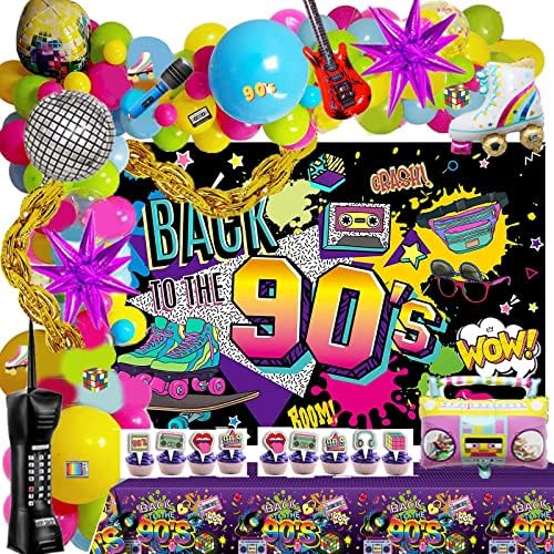 143 PCs 90s Party Decorations, Homond 90s Themed Birthday Party Decorations Backdrop Balloon Garland Arch Cutout Tablecloth Cupcake Toppers Gold Chain 4D Laser Disco Ball Explosion Star Retro