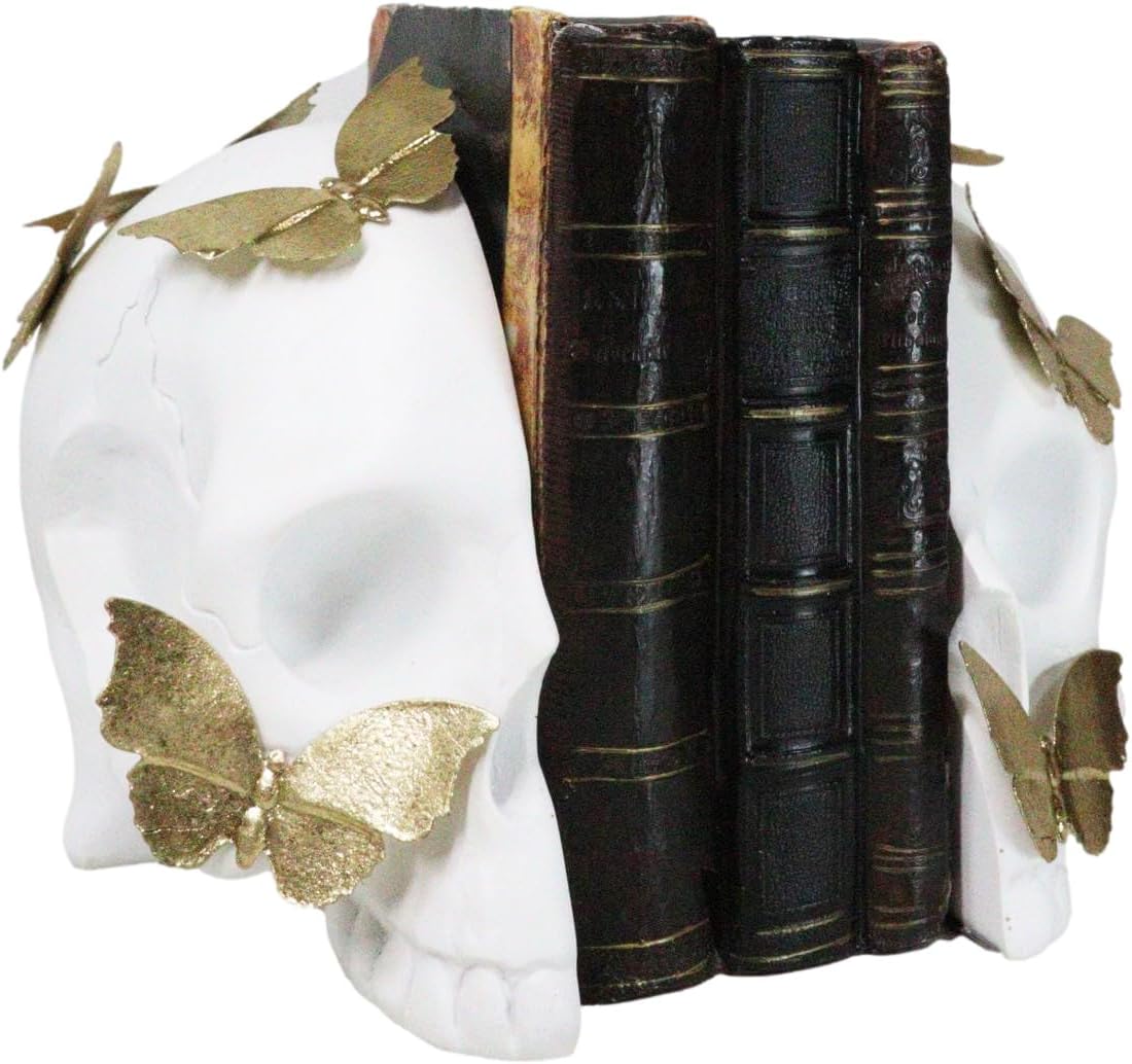 Ebros Gift Ornate Gold Leaf Metamorphosis Butterfly Matte White Skull Halves Bookends Pair Set Desktop Plaque Figurines Ossuary Macabre