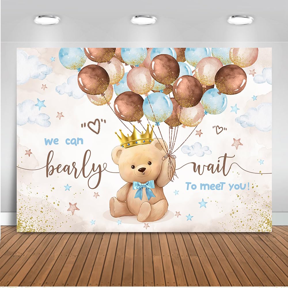 Mocsicka We Can Bearly Wait Backdrop Boy Bearly Wait Baby Shower Deocrations Blue Balloons Bear Baby Shower Party Decorations Banner Photo Booth Props