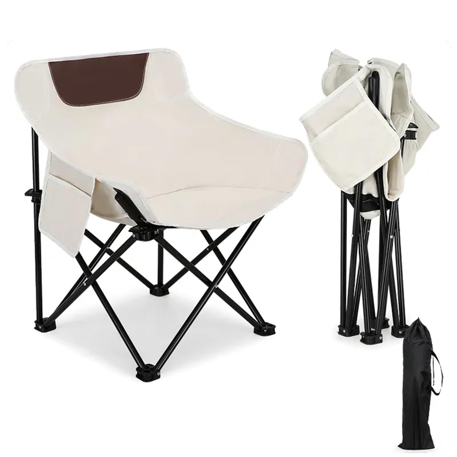 Portable Folding Beach Chair Multi-Purpose Camping Chair for Adult, Lightweight Patio Lawn Quad Chair for Outdoor Travel Picnic Hiking Load With Carry Bag (White)