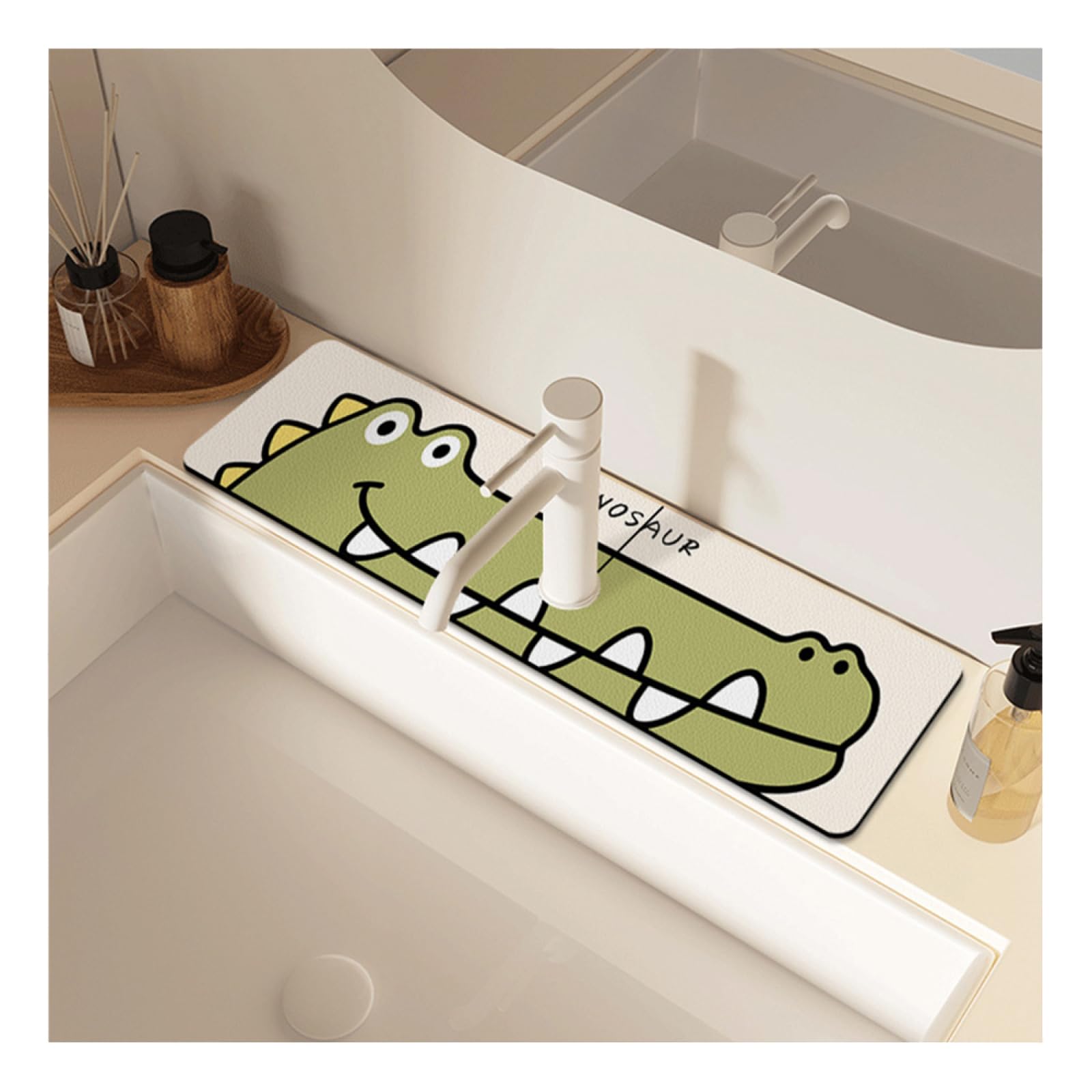 Faucet Absorbent Mat for Kitchen Sink|Creative Cute Cartoon Pattern Faucet Drip Catcher Fast Drying Mat|Splash Guard for Sink Faucet,Dinosaur,14x60cm(5.5x23.6in)-Hole Diameter 6.35cm(2.5in)
