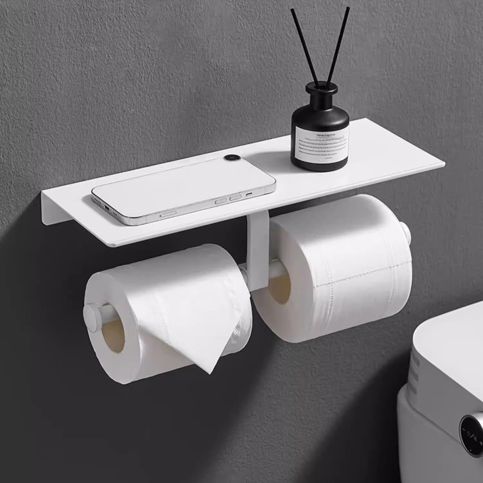 Uchwyt na papier toaletowy do łazienki, White Space Aluminiowy uchwyt ścienny na papier toaletowy z podwójną rolką i półką do łazienki