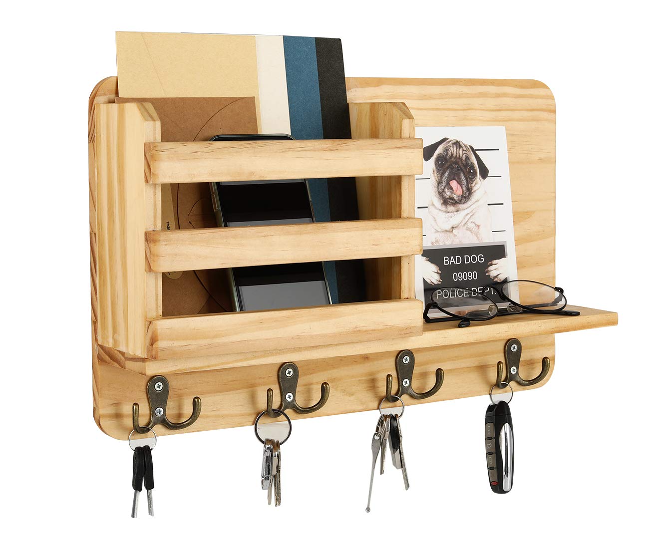PAG Hanging Mail Organizer Entryway Wood Floating Shelf Accessories Storage Holder Rack with 4 Double Hooks, Natural Color