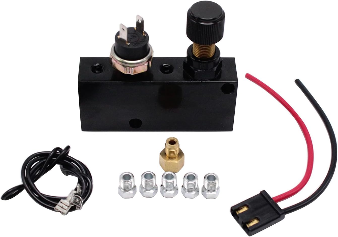 1 Set SHLPDFM Black Aluminum Adjustable Brake Proportioning Valve & Distribution Block Brake Disc/Drum with five fittings for 3/16 brake line,brake light switch and wiring pigtail
