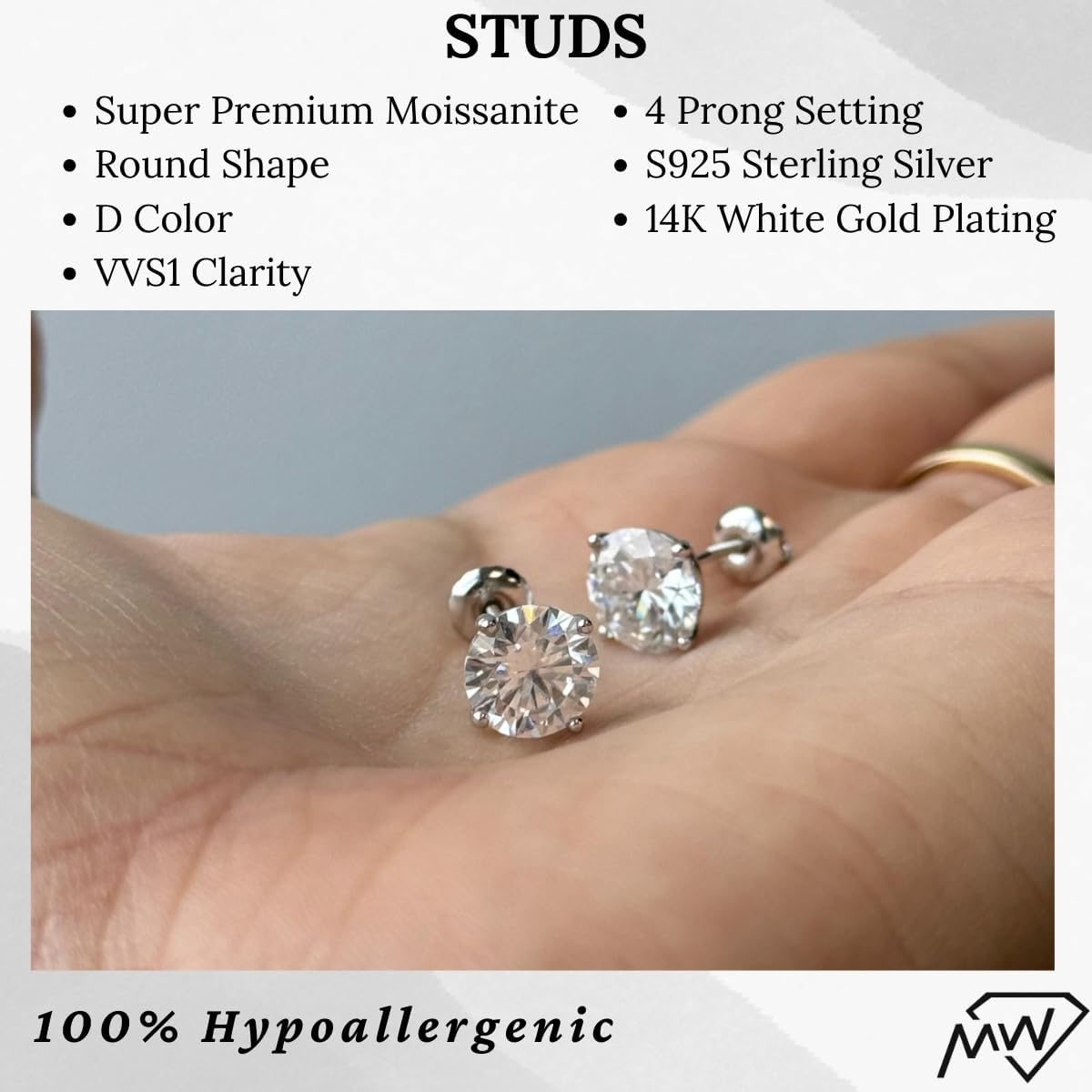 Moissanite Stud Earrings for Women, D Color VVS1 Clarity - Round Cut Lab-Created, 18K White Gold-Plated Sterling Silver, 4-Prong Setting - Elegant Jewelry Gift for Anniversary, Birthday, Christmas
