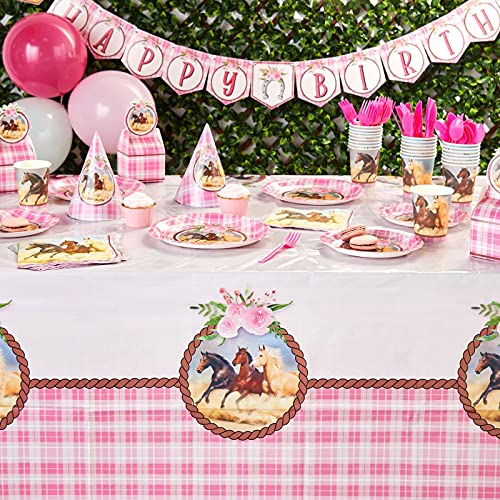 Image of BLUE PANDA Horse Party Tablecloths - 3 Pack, 54 inch x 108 inch, Pink Western Plaid - Disposable Horse Tablecloths - Cowgirl Birthday Party Table Covers