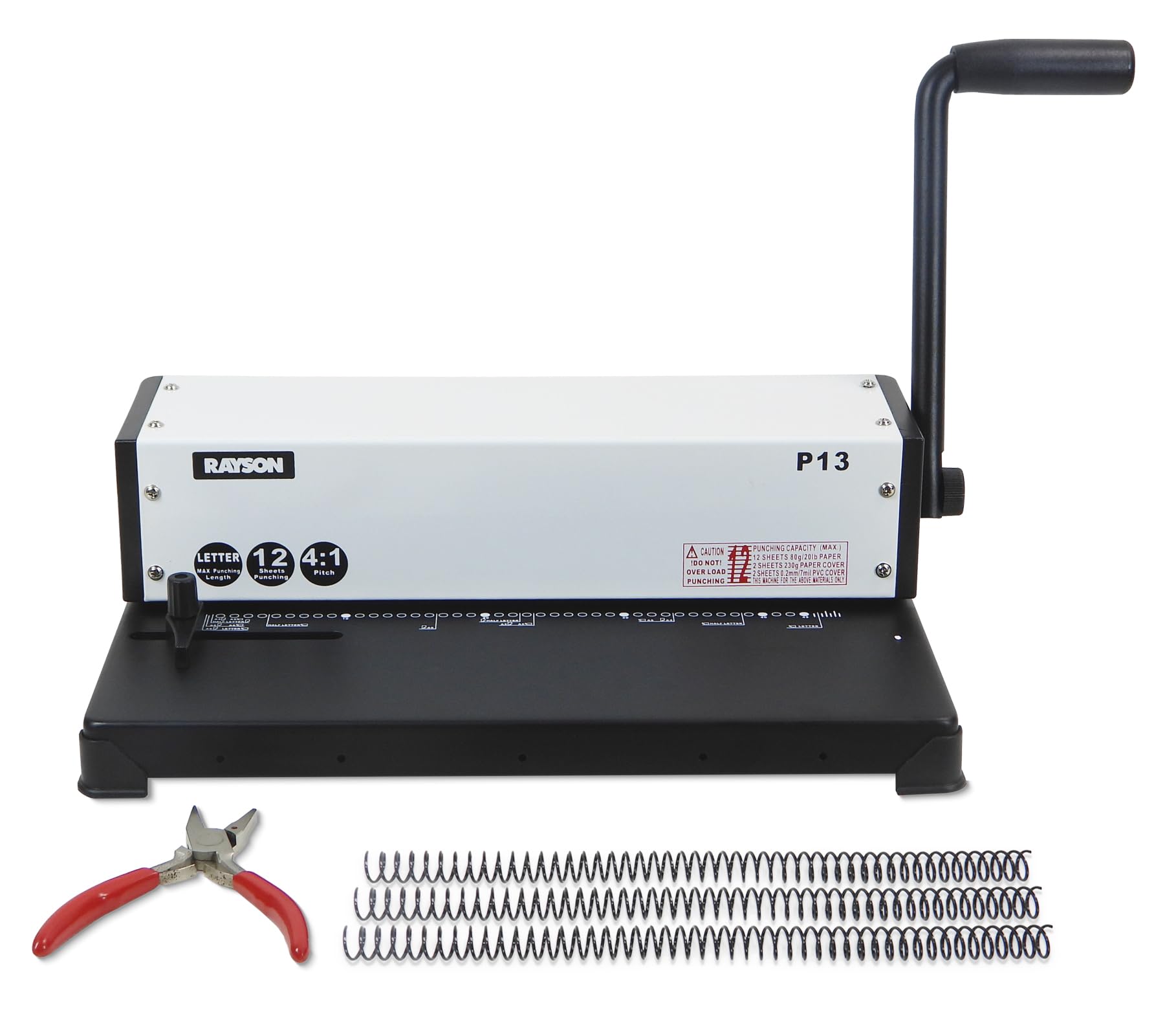 RAYSON P13 Manual Coil Binding Machine | Adjustable Side Margin | 12 Sheet Punch Capacity | Binds Up to 440 Sheets | Heavy-Duty Coil Crimping Pliers