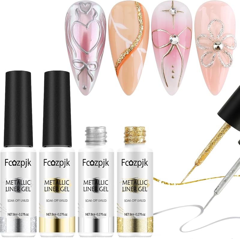 Fcozpjk Gold Silver Gel Nail Polish 4PCS Metallic Liner Nail Art Polish | Mirror Chrome Effect Metal Paint French Tips Wave Flower Dotting Drawing Nail Polish With Thin Brush Manicure Tools