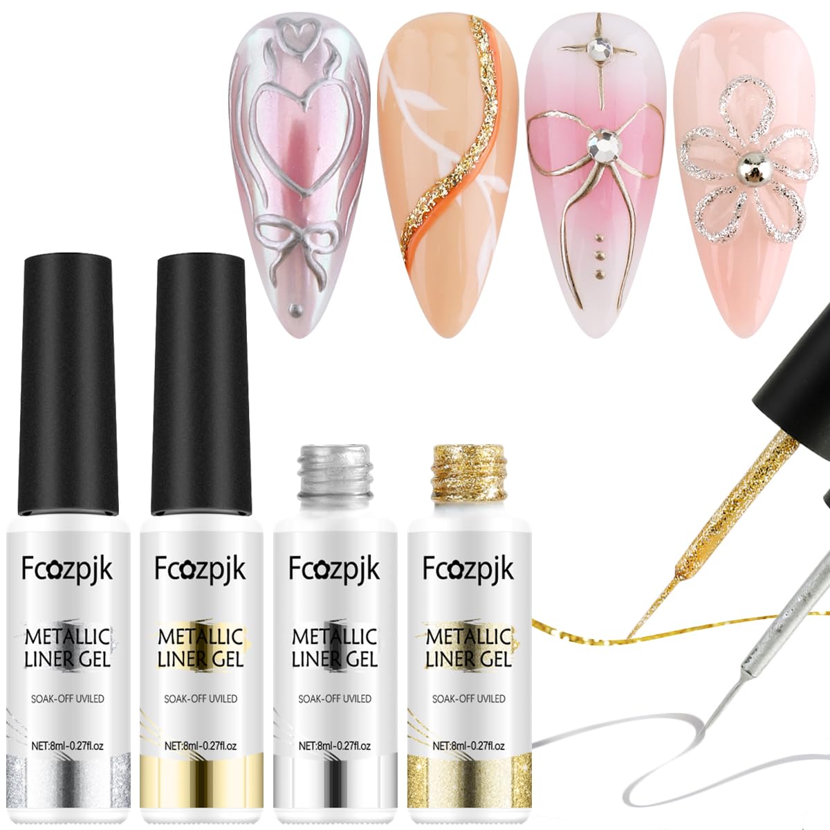 Fcozpjk Gold And Silver Gel Nail Polish 4PCS Metallic Liner Nail Art Polish Mirror Chrome Effect Metal Paint French Tips Wave Flower Dotting Drawing